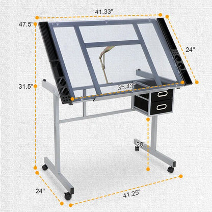 Portable Art Desk with Glass Top and Storage Drawer