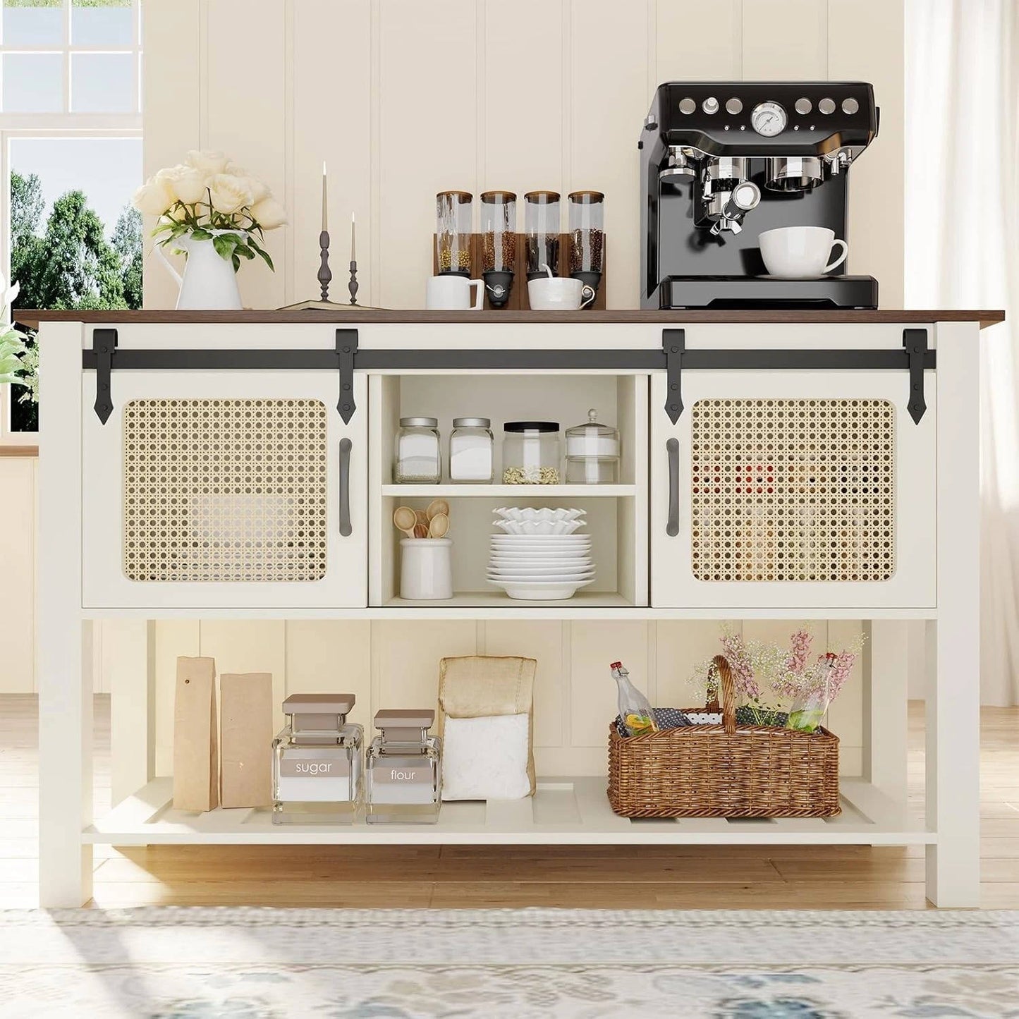 Farmhouse Kitchen Storage Cabinet with Wood Door & Shelving