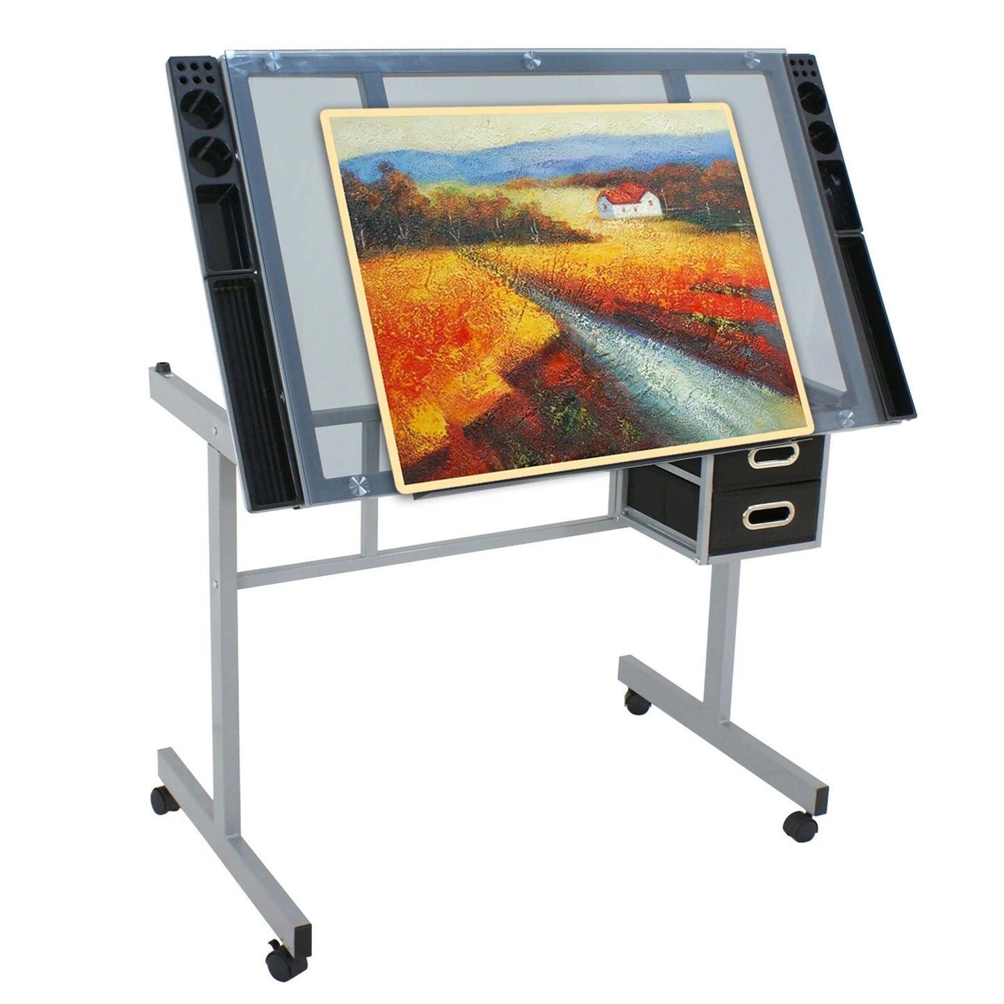 Portable Art Desk with Glass Top and Storage Drawer
