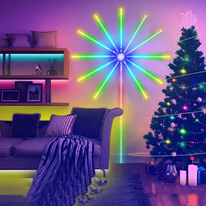 Living room with a colorful LED star wall light and Christmas tree.