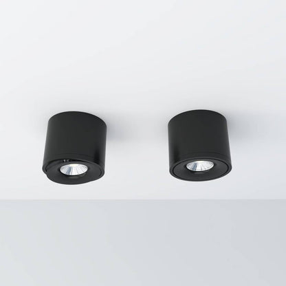 Two black cylindrical ceiling lights on a white background