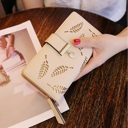 Luxury Brown Leather Wallet with Leaf Accent