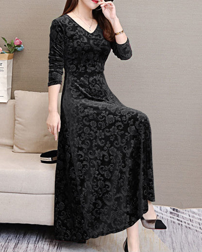 Luxurious Soft V Neck Midi Dress Long Sleeve