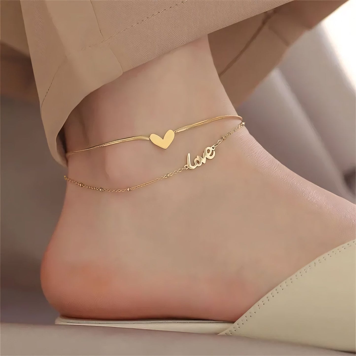 Delicate Double Heart Gold Chain Anklet - Halri