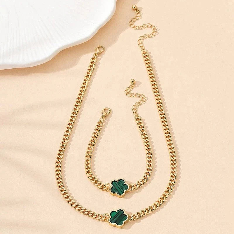Shiny Four Leaf Clover Chain Necklace and Bracelet Set - Halri