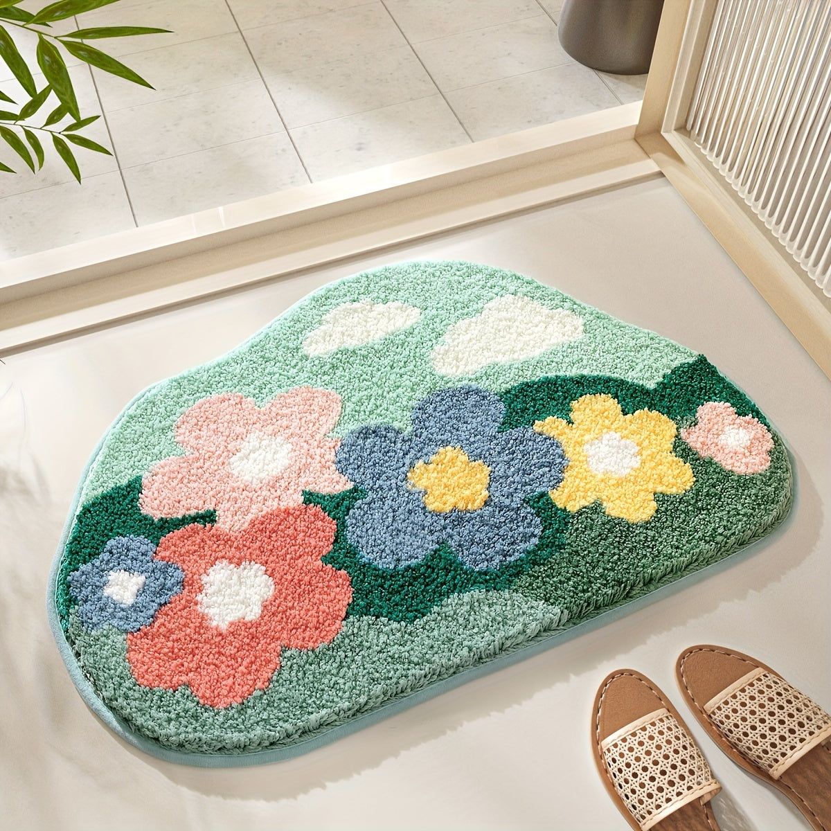 Plush Floral Bath Mat, Non-Slip Luxury Bathroom Rug