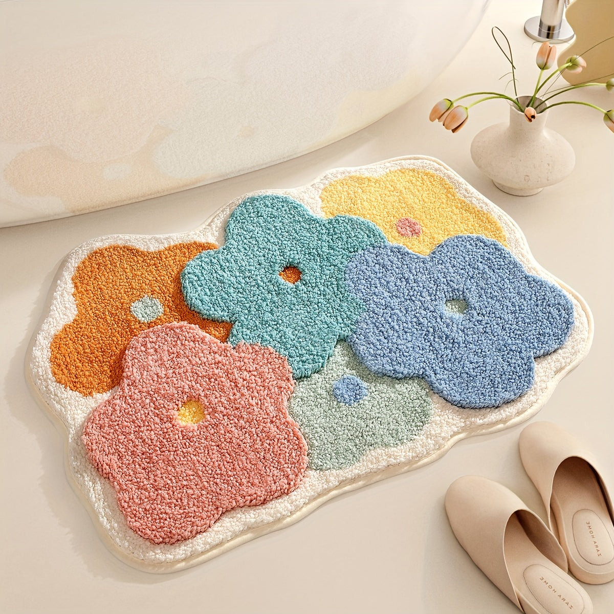 Plush Floral Bath Mat, Non-Slip Luxury Bathroom Rug