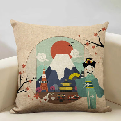 Traditional Japanese Inspired Mount Fuji Pillow Cover