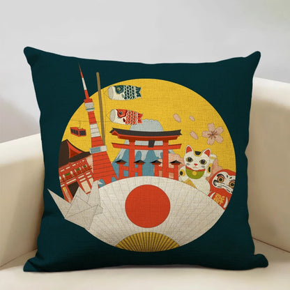 Traditional Japanese Inspired Mount Fuji Pillow Cover