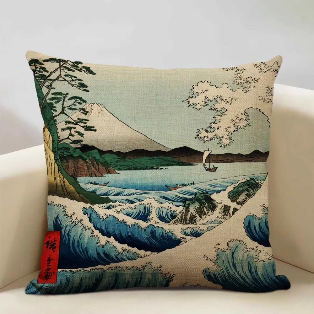 Traditional Japanese Inspired Mount Fuji Pillow Cover