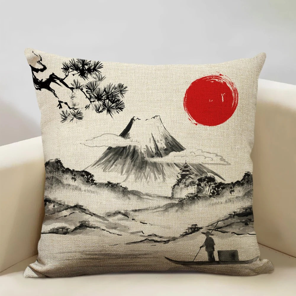 Traditional Japanese Inspired Mount Fuji Pillow Cover