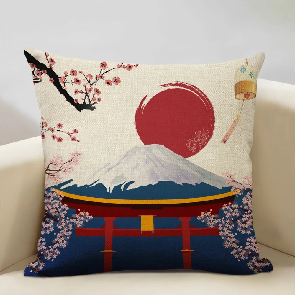 Traditional Japanese Inspired Mount Fuji Pillow Cover