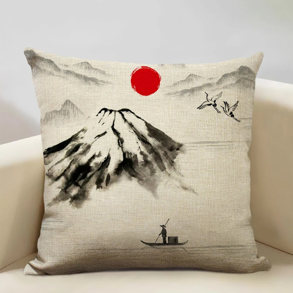 Traditional Japanese Inspired Mount Fuji Pillow Cover