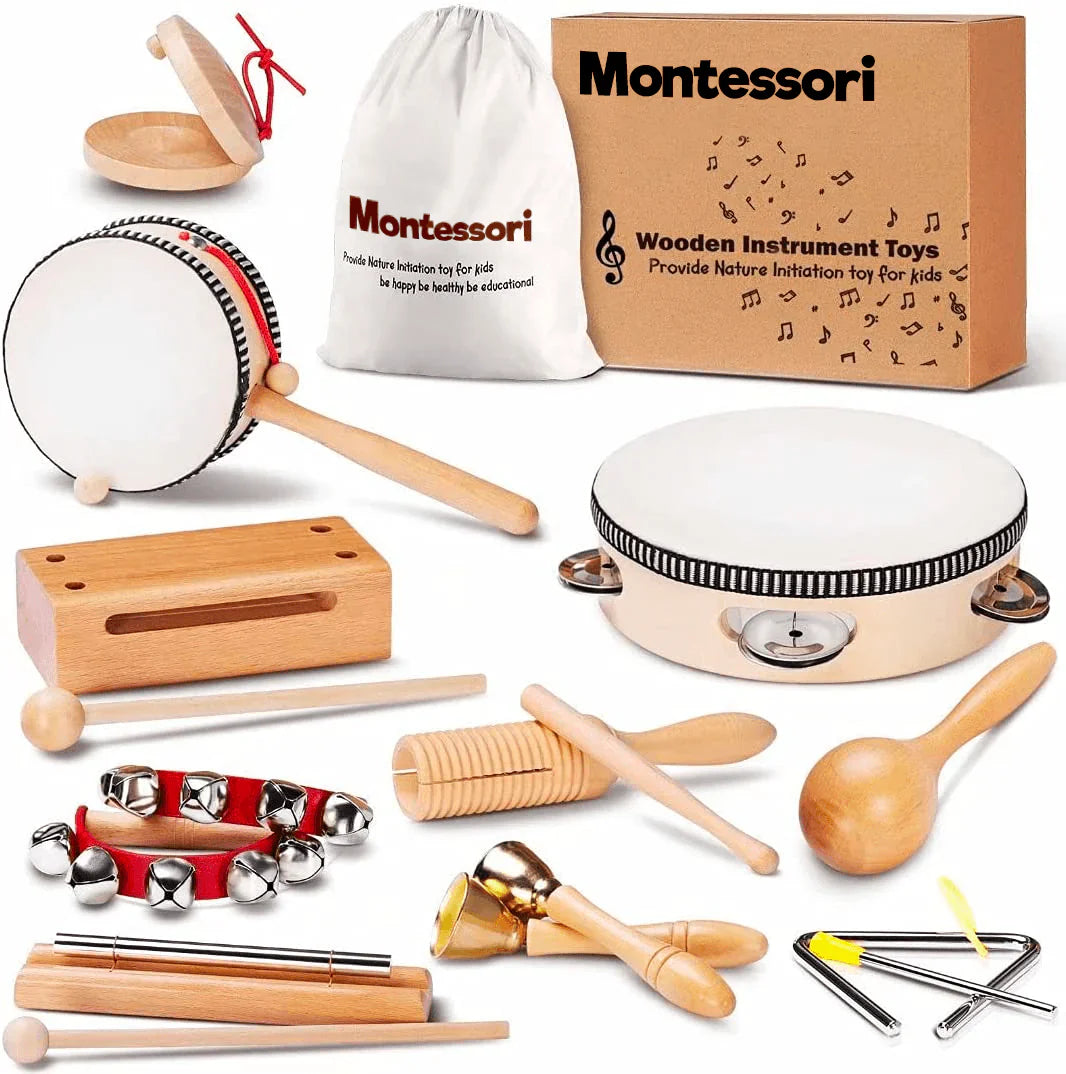 Kids Wooden Music Set - 10 Piece Rhythm Instruments - Halri