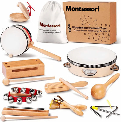 Kids Wooden Music Set - 10 Piece Rhythm Instruments - Halri