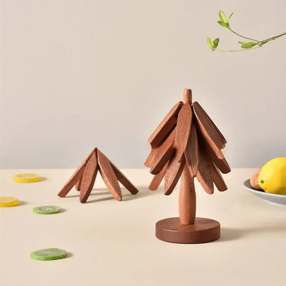 Wooden decorative items on a neutral background