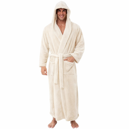 Man wearing a cream-colored robe on a white background