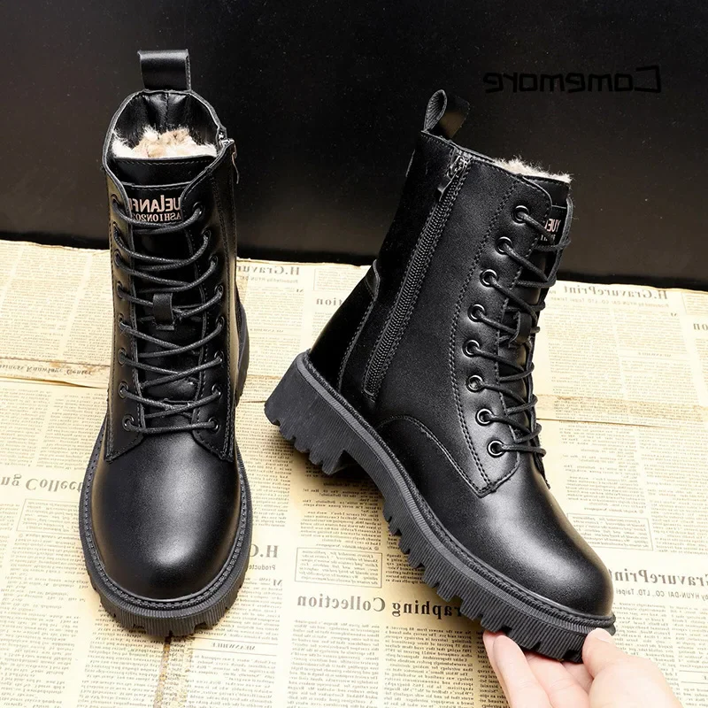Tough Waterproof Black Leather Snow Boots