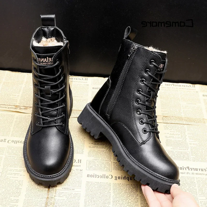 Tough Waterproof Black Leather Snow Boots