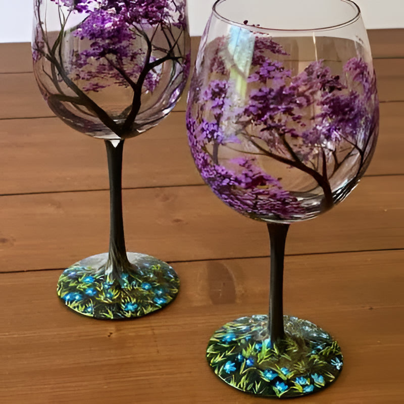 Colorful Tree Wine Glasses - Hand Painted Design