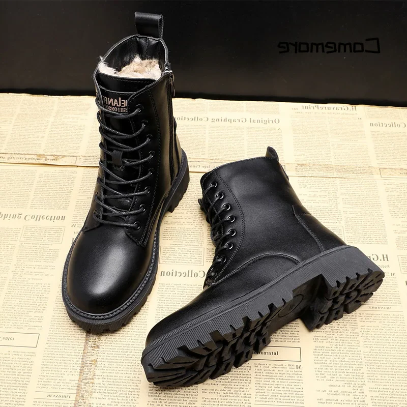 Tough Waterproof Black Leather Snow Boots