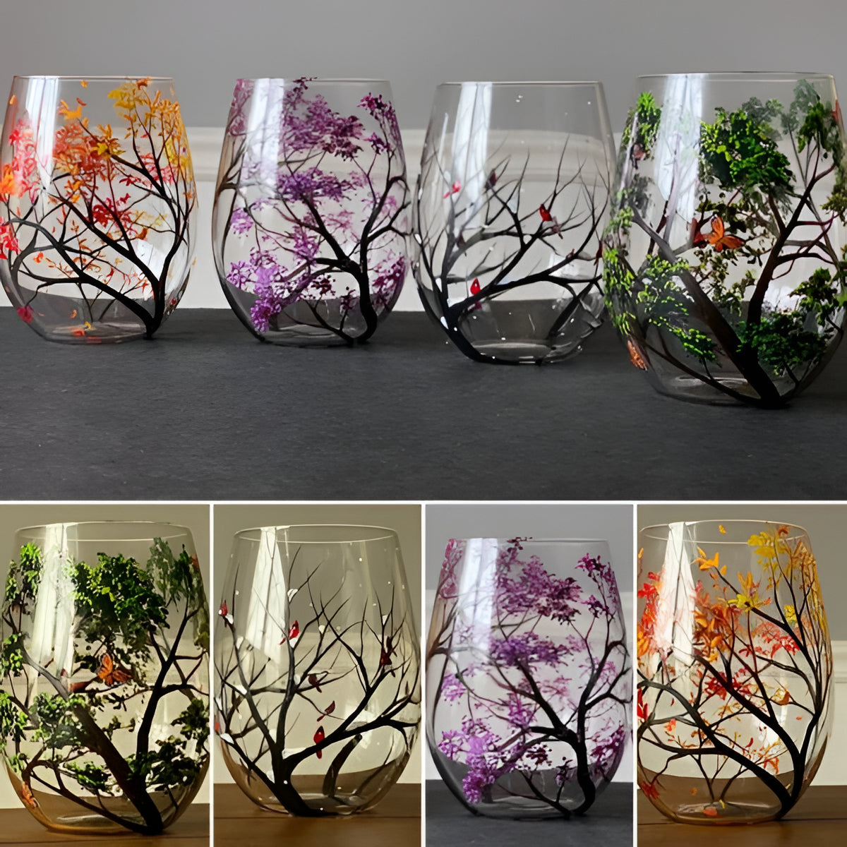 Colorful Tree Wine Glasses - Hand Painted Design