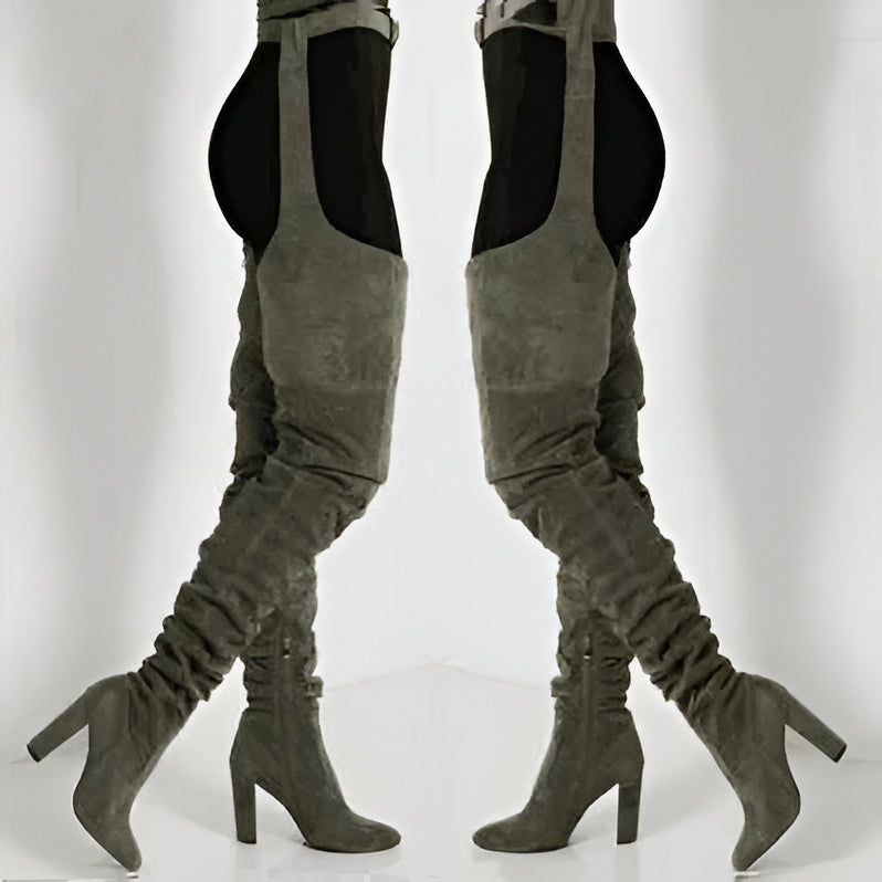 Trendy Suede Over Knee High Heel Boots - Halri