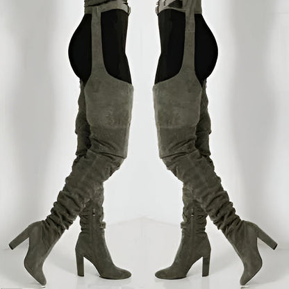 Trendy Suede Over Knee High Heel Boots - Halri