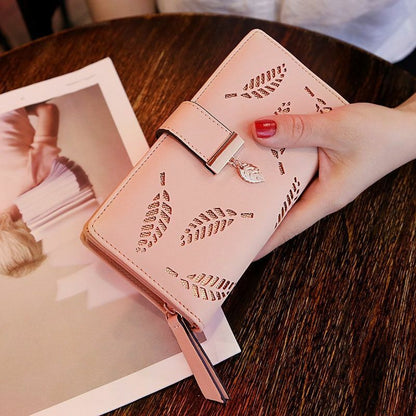 Luxury Brown Leather Wallet with Leaf Accent