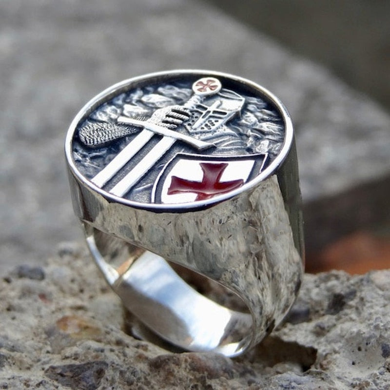 Men's Red Cross Stainless Steel Band Ring - Halri