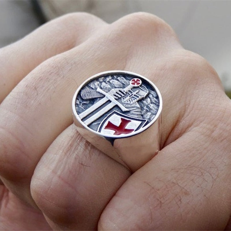 Men's Red Cross Stainless Steel Band Ring