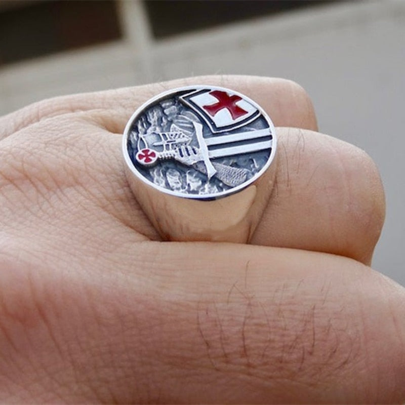 Men's Red Cross Stainless Steel Band Ring