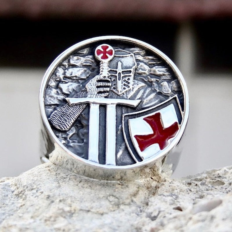 Men's Red Cross Stainless Steel Band Ring