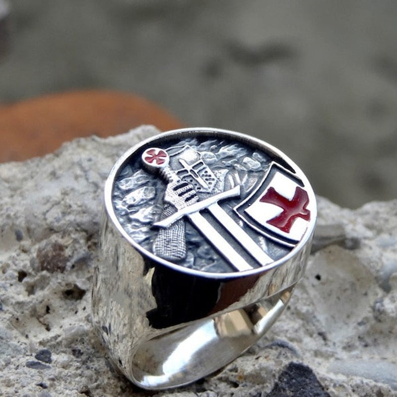 Men's Red Cross Stainless Steel Band Ring