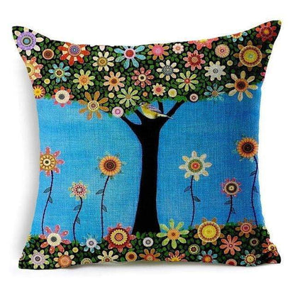 Colorful Bird Tree Life Pattern Throw Pillow Cover
