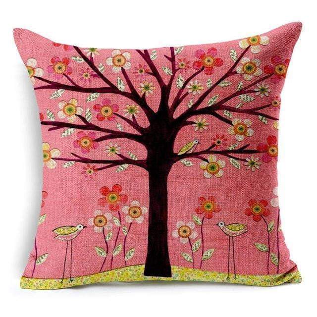 Colorful Bird Tree Life Pattern Throw Pillow Cover