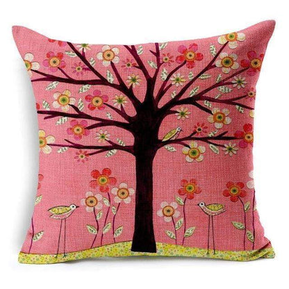 Colorful Bird Tree Life Pattern Throw Pillow Cover