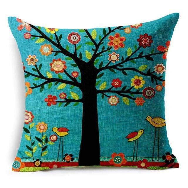 Colorful Bird Tree Life Pattern Throw Pillow Cover