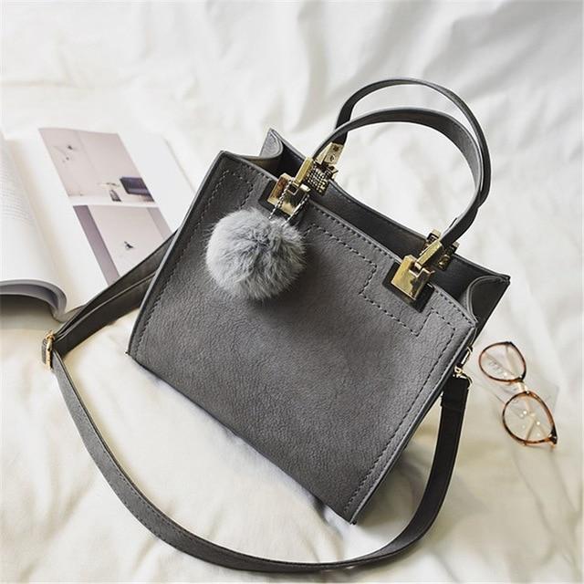 Luxury Fur Pom Pom Soft Leather Tote Women Bag