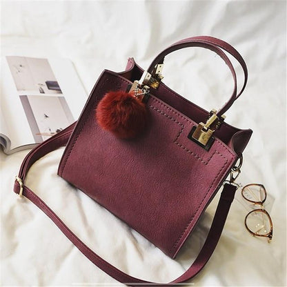 Luxury Fur Pom Pom Soft Leather Tote Women Handbag
