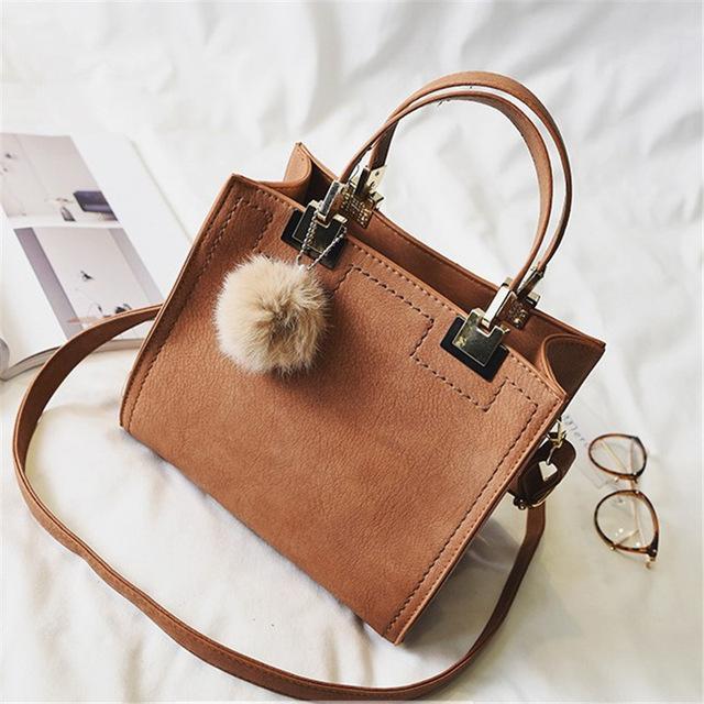 Luxury Fur Pom Pom Soft Leather Tote Women Bag