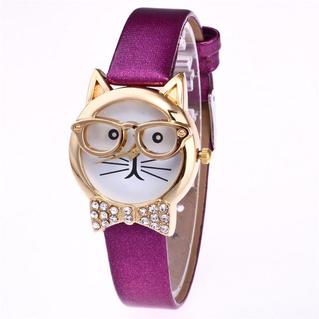 Trendy Cat Eye Watch with Stones and Leather Strap