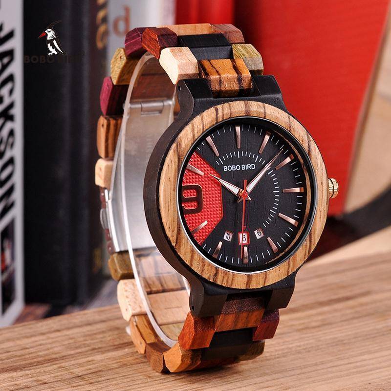 Classic Wooden Mens Watch with Date in Wooden Box - Halri