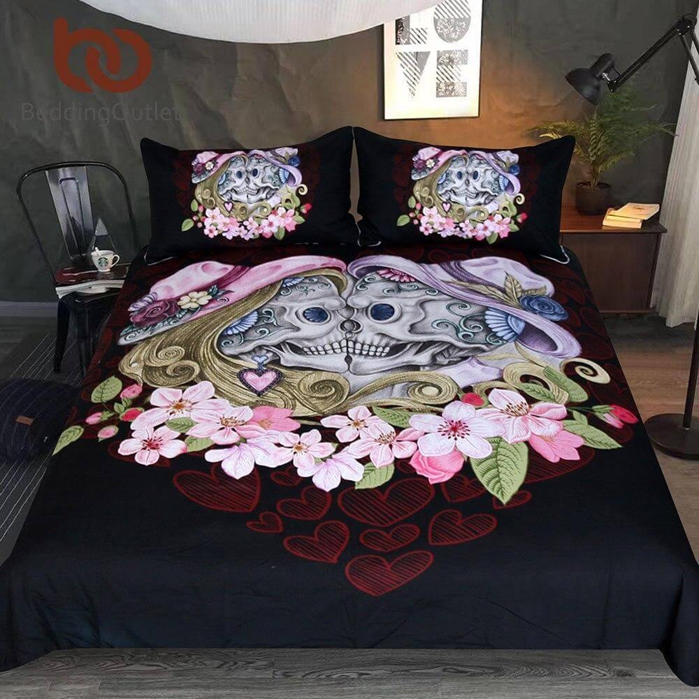 Soft Pink Skull Couple 3pc Bedding Set - Halri