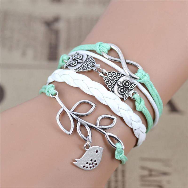 Trendy Olive Leaf Layered Owl Bracelet, Green Charm - Halri