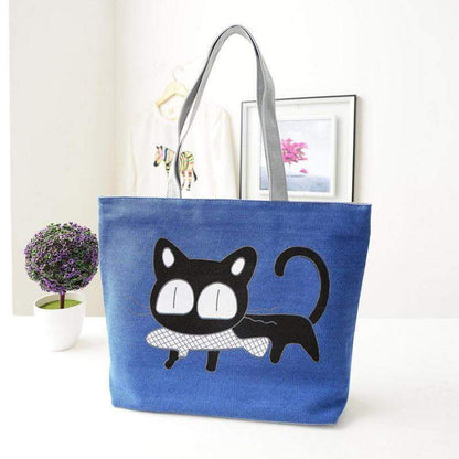 Stylish Cat Print Canvas Tote Handbag for Women