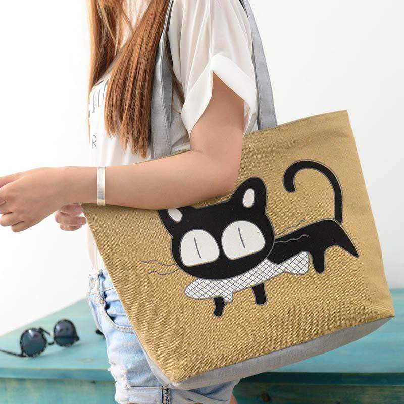 Stylish Cat Print Canvas Tote Handbag for Women