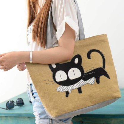 Stylish Cat Print Canvas Tote Handbag for Women