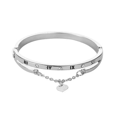 Elegant Heart Drop Roman Numeral Cuff Bangle