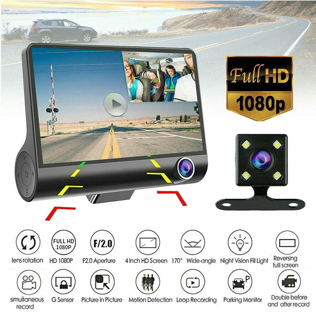 Full HD Dual Lens Car Dash Cam Recorder with G Sensor - Halri